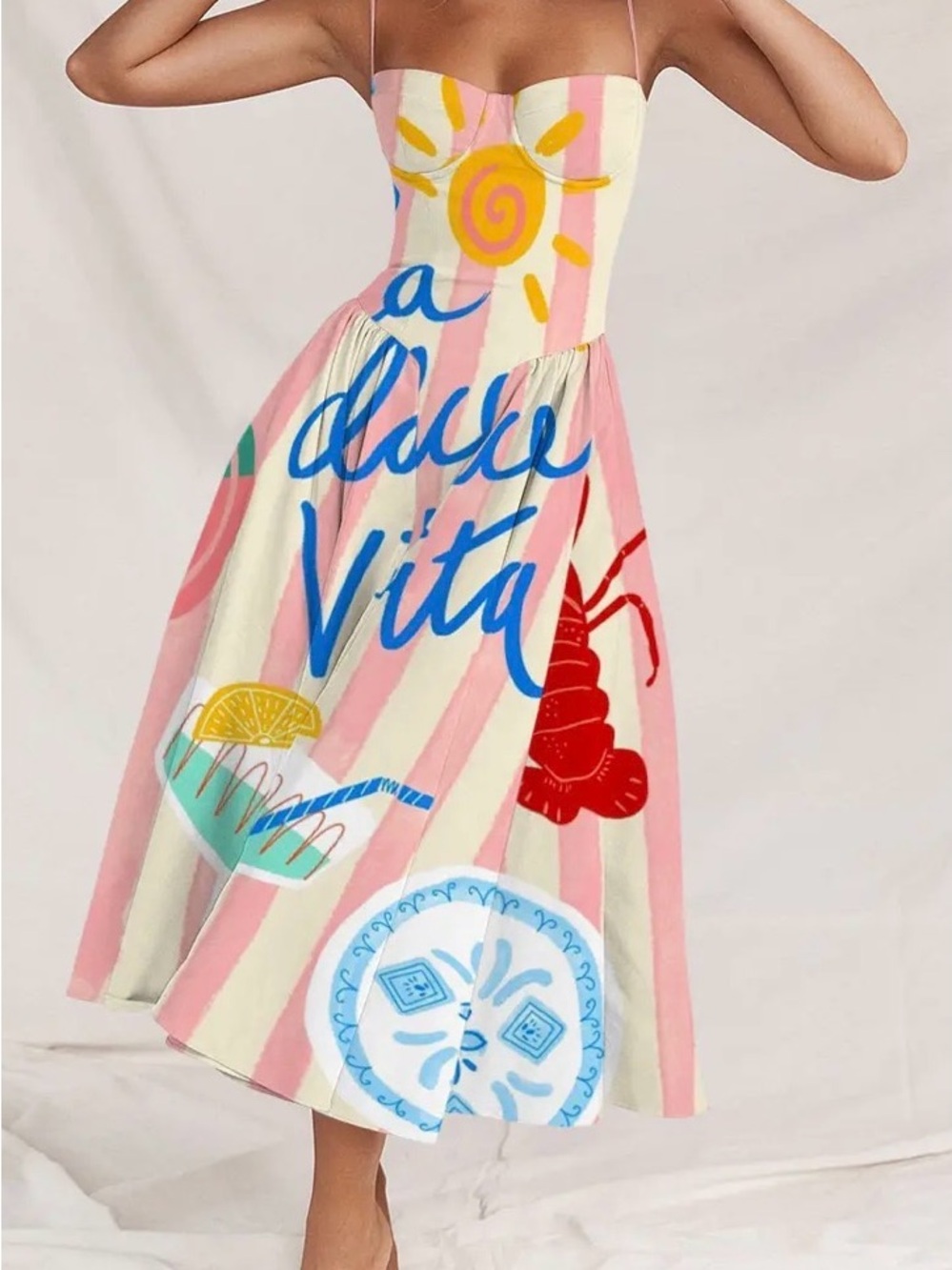 Tiktok viral dress Striped Pastel Graphic Midi Dress with Sun & Script